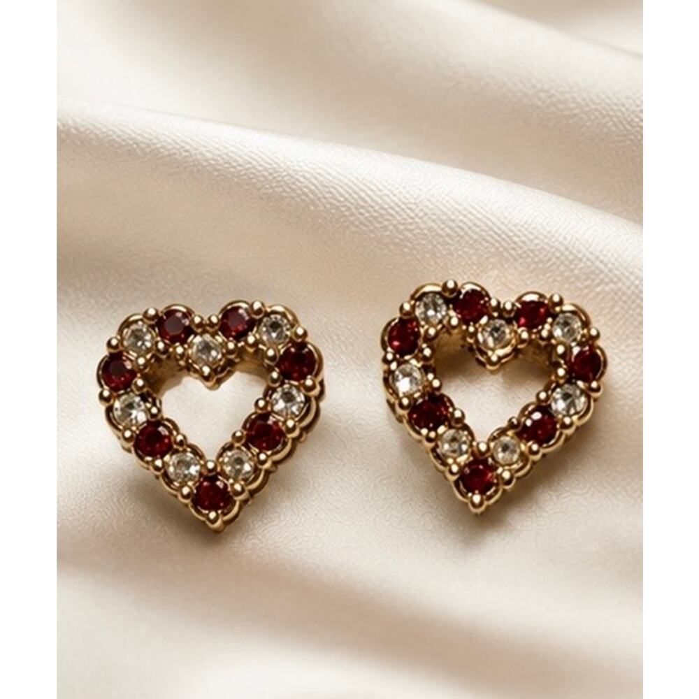 Vintage Avon 1992 Red & Clear Rhinestone Open Heart Stud Earrings